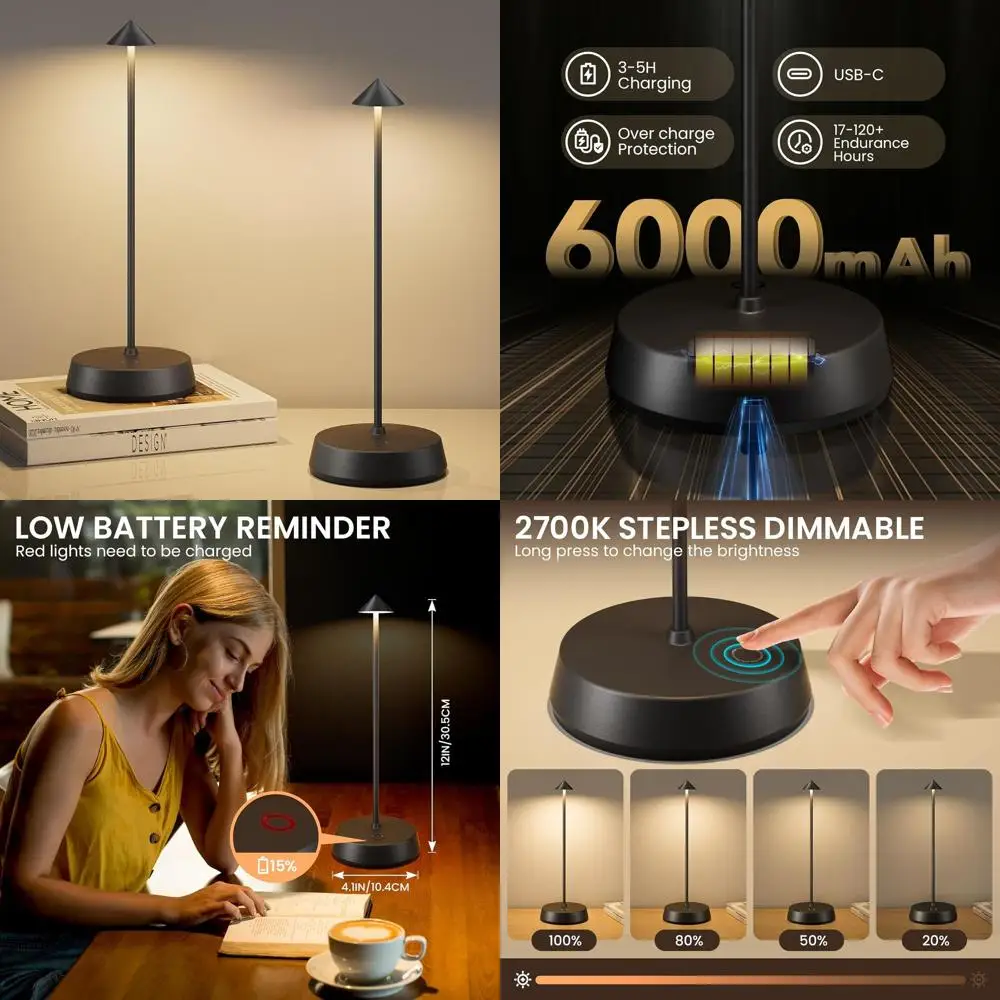 

Перезаряжаемая светодиодная настольная лампа, сенсорная регулировка яркости, аккумулятор 6000 мАч, водонепроницаемость IP54, портативная, 2 шт., черная