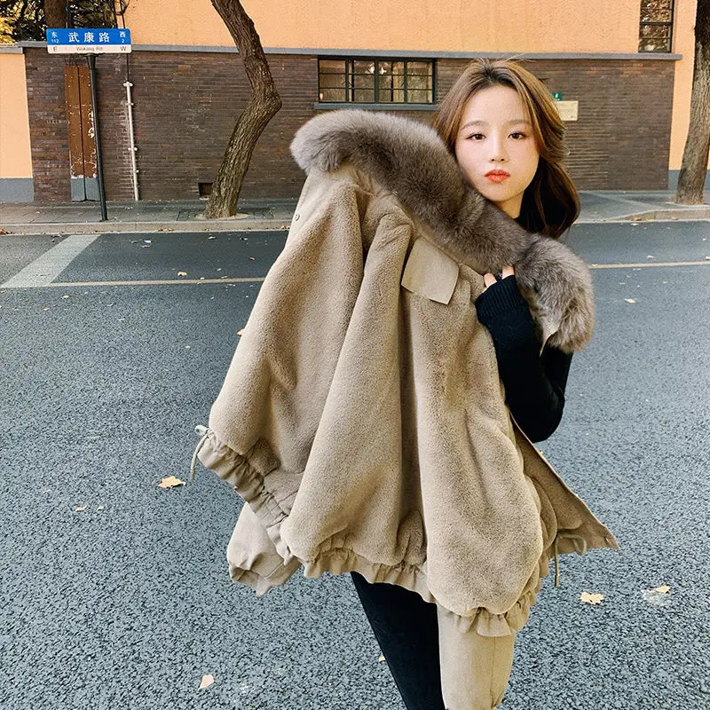 2023 Winter New Women Cropped Coat Female Warm Jacket Fashion Leisure Thick Loose Solid Casual Sweet Detachable Collar All-Match