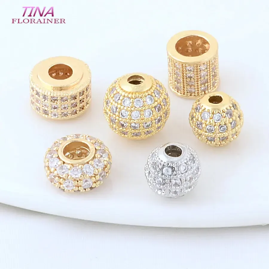 14K Gold Color Plated Brass and Zircon Round Square Bead Loose Spacer Beads for DIY Jewelry Making Accessories