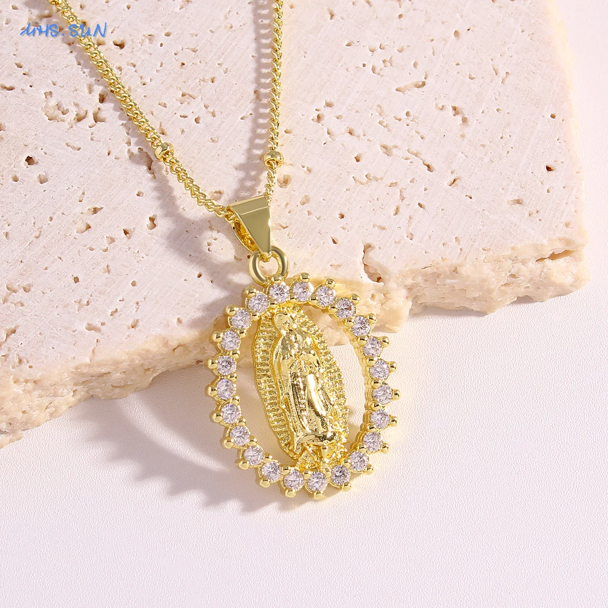 SUNSLL Gold Plated Lujan Virgin Mary Pendant Necklaces For Women Men Geometric Hollow Cubic Zircon Religious Jewelry Gift