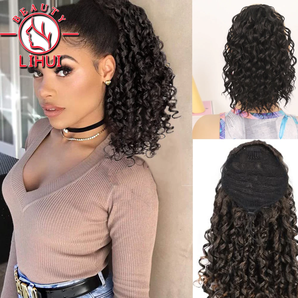 

Drawstring Ponytail Loose Deep Curly Ponytail for Black Women 10Inch Synthetic Hairpieces Clip in Jerry Curls Ponytail Extension