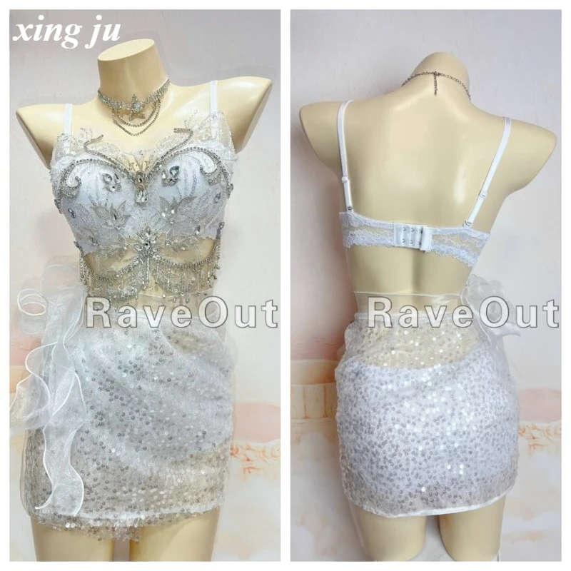 

Xing Ju Women Sexy Jazz Dance Costume White Rhinestones Top Sequins Skirt Festival Outfit Nightclub Stage Party Performance Wear