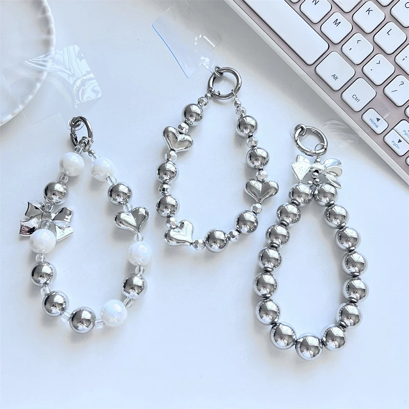 Silver Plated Beads Mobile Phone Chain Short Wristband Lanyard Keychains Bag Camera Charms Anti-lost Phone Straps For Airpods