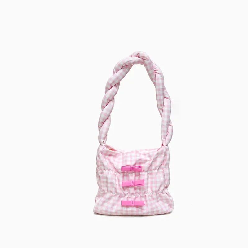 Korean Style Cute Bow Cotton Checked Girl Handbag Small Summer Colors Ruched Women Shoulder Bag Totes Bolsos Pink