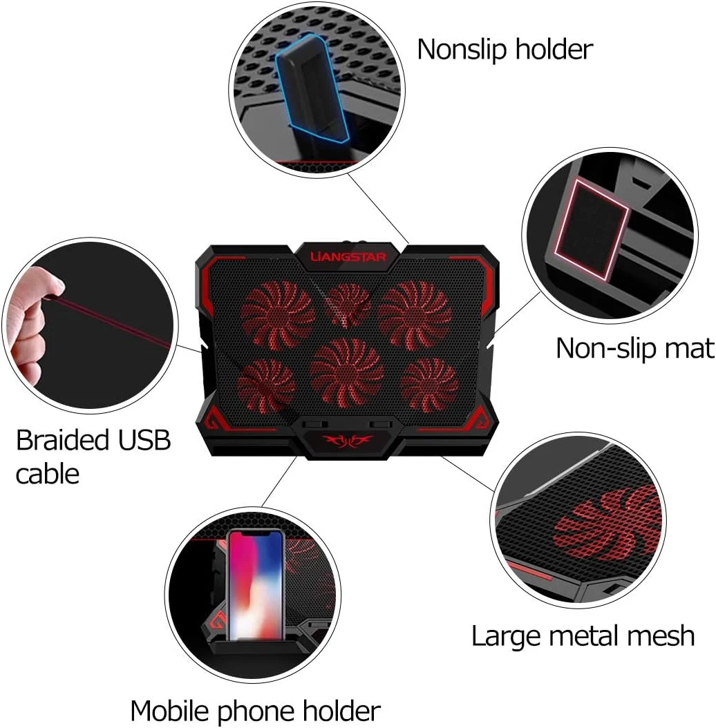 COOLCOLD 17 بوصة الألعاب مبرد الكمبيوتر المحمول ستة مروحة شاشة Led اثنين منفذ USB 2600 دورة في الدقيقة حامل الكمبيوتر المحمول لوحة تبريد الكمبيوتر المحمول