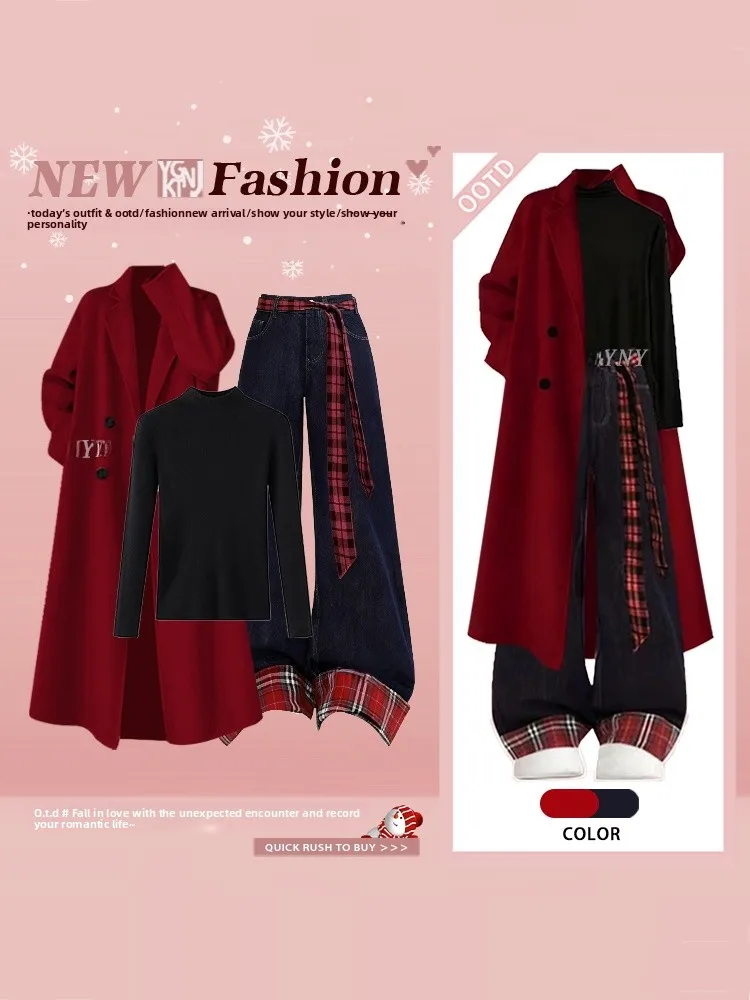 

Новогодний комплект Cisas: красный джинсовый костюм в клетку (куртка и брюки) для женщин, повседневный, с высокой талией, комплект из двух предметов (куртка и брюки)