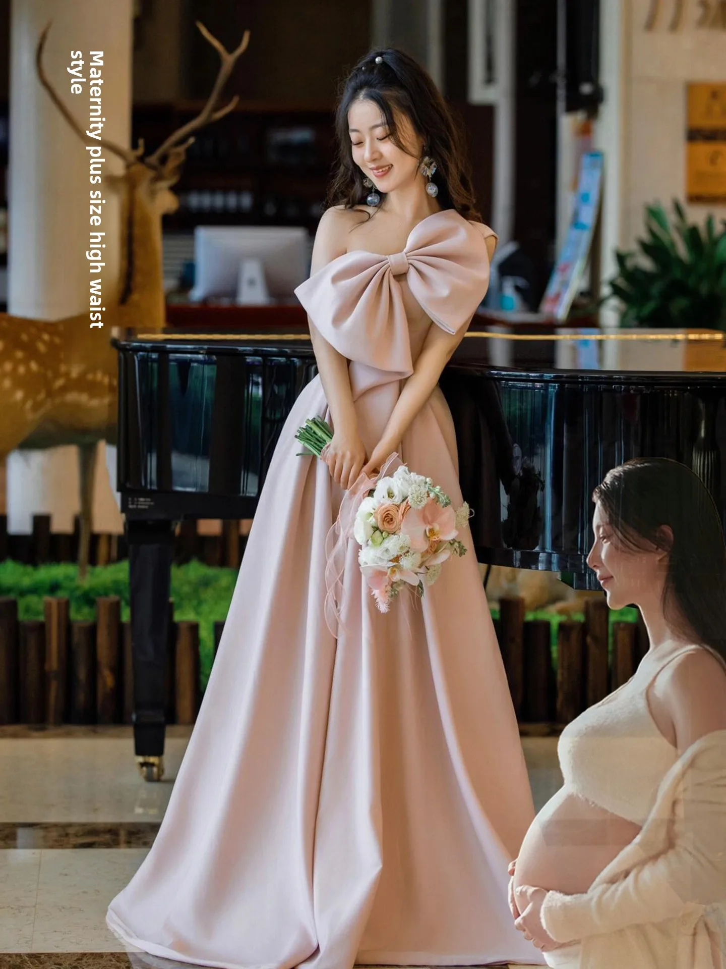 

Ele plus Size Wedding Dr with Bow Detail in Pink for Engagement Banquet New Bride Robe Slimming for plus Size Women