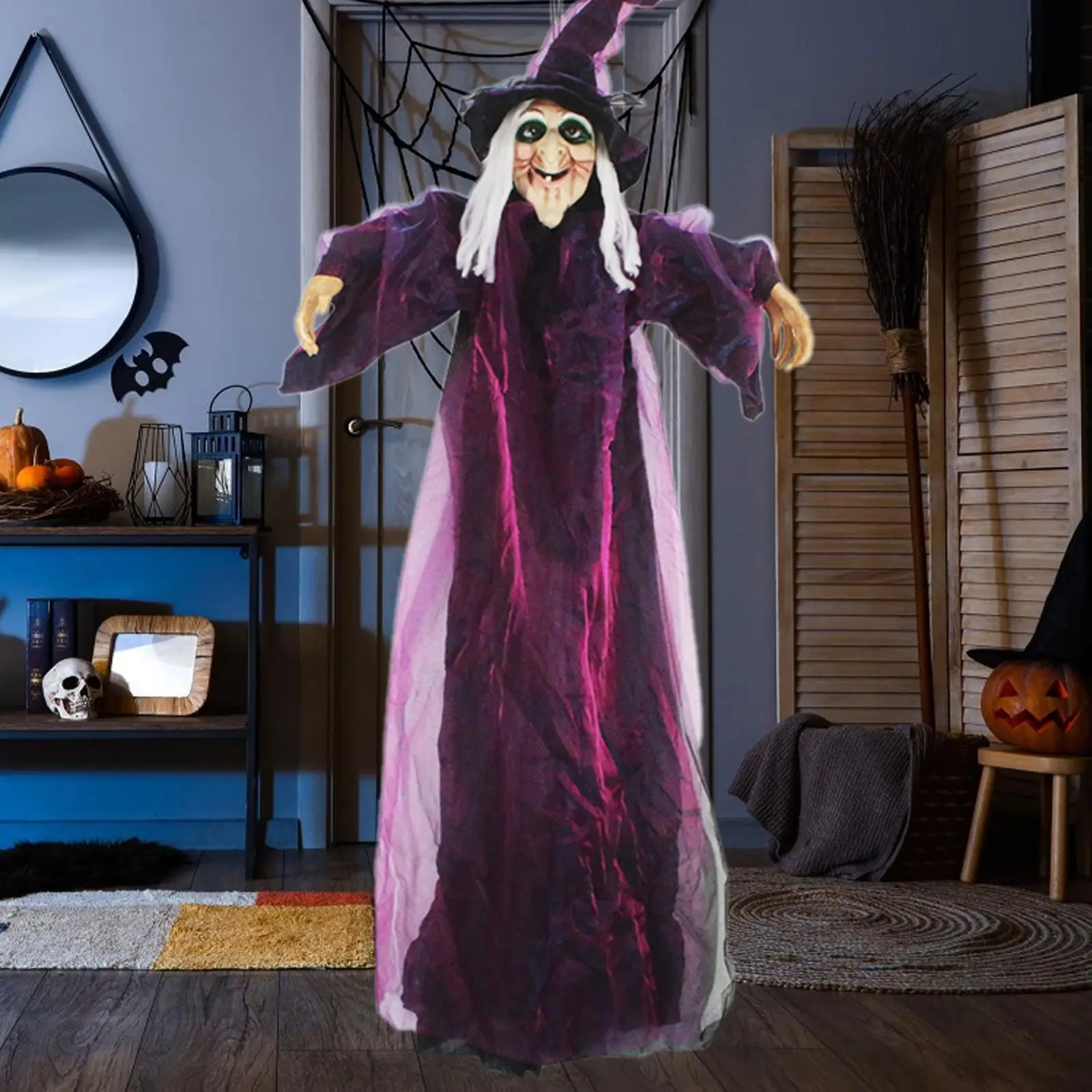 Halloween Hanging Witch Height 180cm Animated Talking Witch for Spooky Events Porch Outside Halloween Parties Scary Mazes