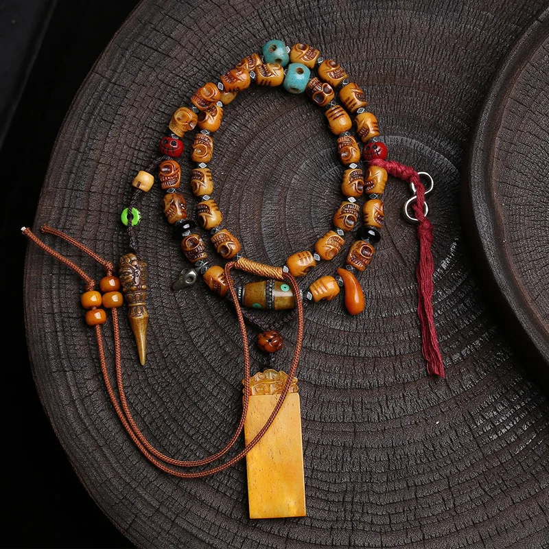 

Tibetan Returned Bone Carving Corpse Dharma Bead Necklace Yak Bone Nothing Plaque Copper Inlay Dzi Bead Strings