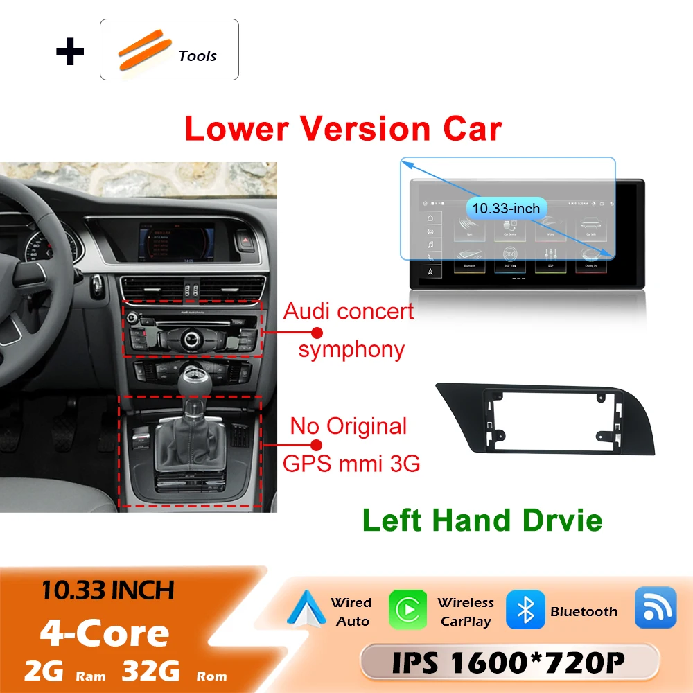 Android 16 draadloze Carplay autoradio multimediaspeler GPS navigatie ultradunne scherm DSP stereo WiFi voor Audi A4 B8 A5 2009 - 2016