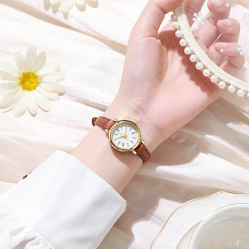 Vintage Roman Numeral Dial Thin Strap Women's Quartz Watch Simple Elegant Small Gold Round Ladies Watch Students Everyday Wear