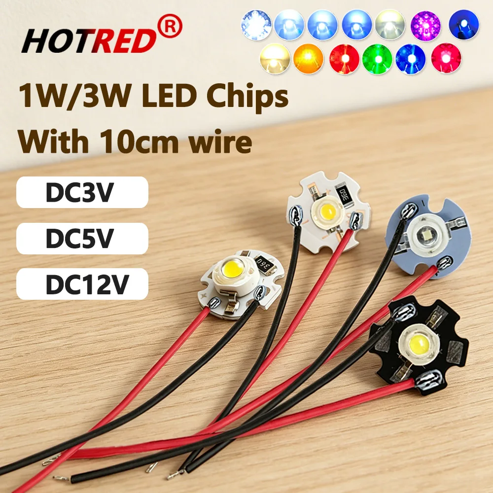 5-10pcs DC3V 3.6V 5V12V 1W 3W LED Chip Pre-soldering 10cm Wire With 16mm 20mm White Warm Deep Red Green Royal Blue Yellow UV LED