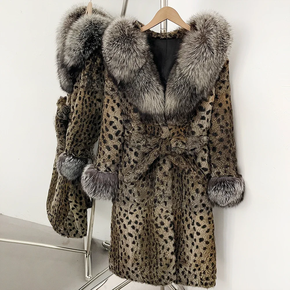OFTBUY Kapuzenjacke mit Gürtel, Damen, Neu, warm, mit natürlichem Fuchspelzkragen, Winterbekleidung, Damen, Leopardenmuster, echter Kaninchenpelzmantel. – Detail 13