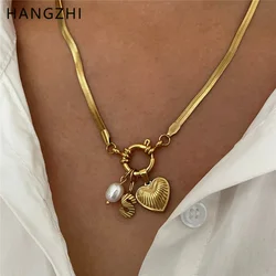 HANGZHI Vintage Stainless Steel Heart Letter Freshwater Pearl Pendant Necklace Non Fading Waterproof Charms Jewelry Gifts