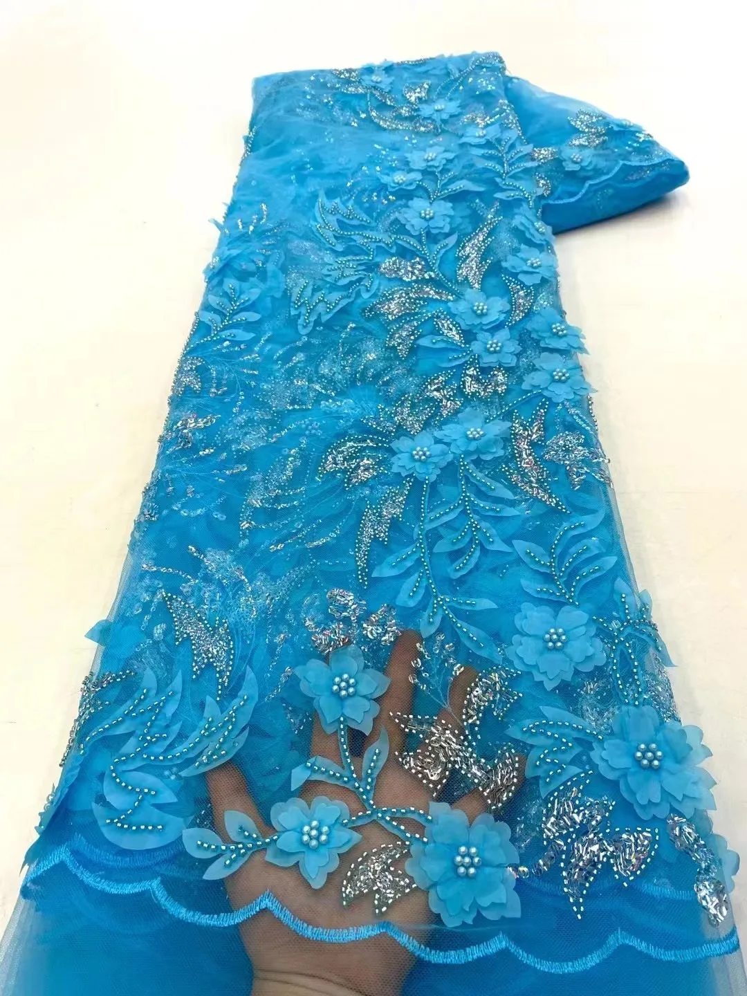 

Sequins Tulle Lace African Sequence Lace Fabric With 3D Flowers Beads High Quality Nigerian French Mesh Net Beaded Lace Fabric