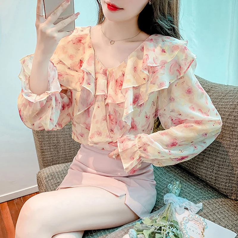 Women\'s Korean Fashion Ruffles Floral Print Sweet Chic Blouse Elegant V Neck Long Sleeve Chiffon Shirt Casual Tops Female Blusas