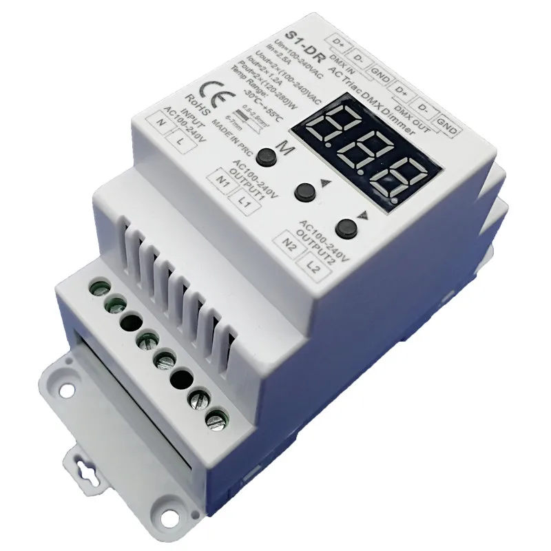 Led DMX To Triac Dimmer AC 100-240V 2CH*1.5A AC Phase-cut DMX Dimmer DIN Rail 2 Channel Output DMX512 LED Dimmer Controller