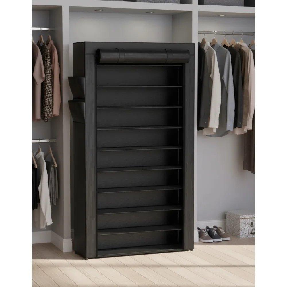 

10-Tier Large Capacity Shoe Organizer with Dust Cover & Side Pockets, Rust-Proof Metal Shoe Rack for Closet, Living Room