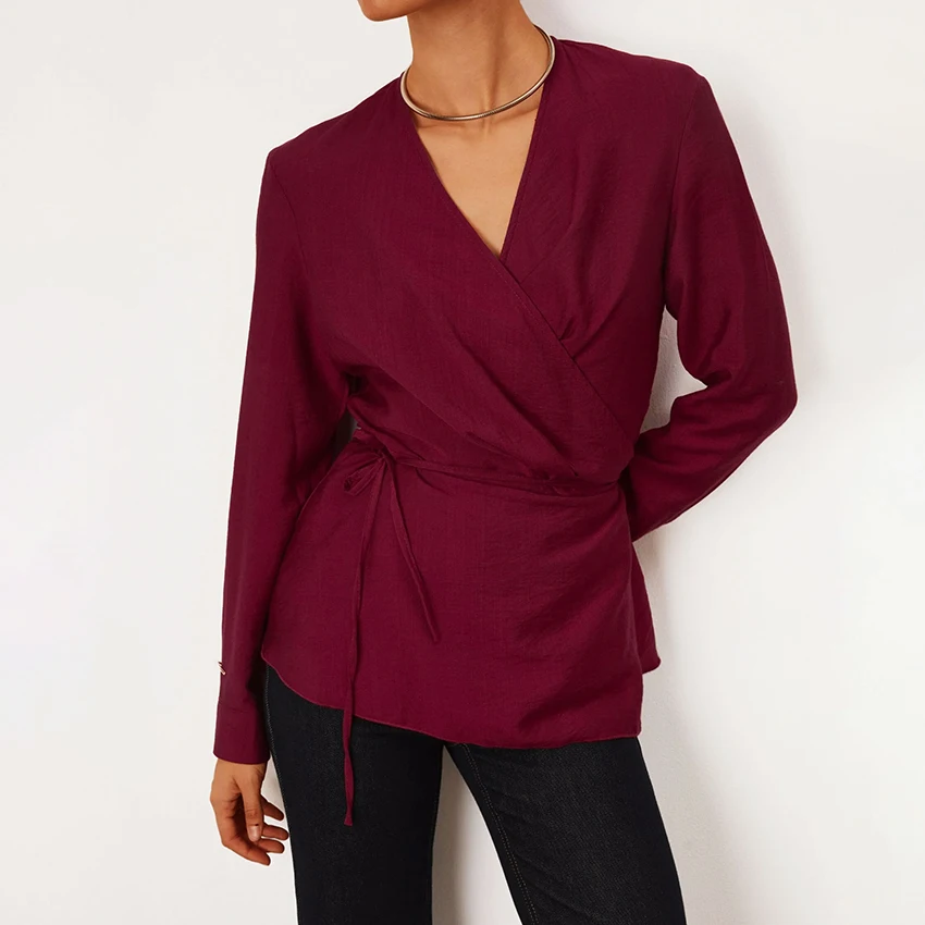 

Linad Elegant White Wrap Shirts Female 2025 Autumn Casual Long Sleeve Blouse Woman Street Chic V Neck Lace Up Tops 2025 Brown