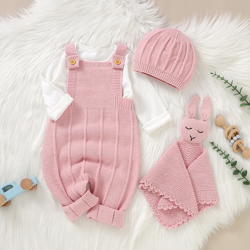 Newborn Baby Rompers Comfort Towels Knitted Girls Boy Jumpsuit Outfits Sleeveless Autumn 0-18M Infant Clothing Sets 3pcs Fashion