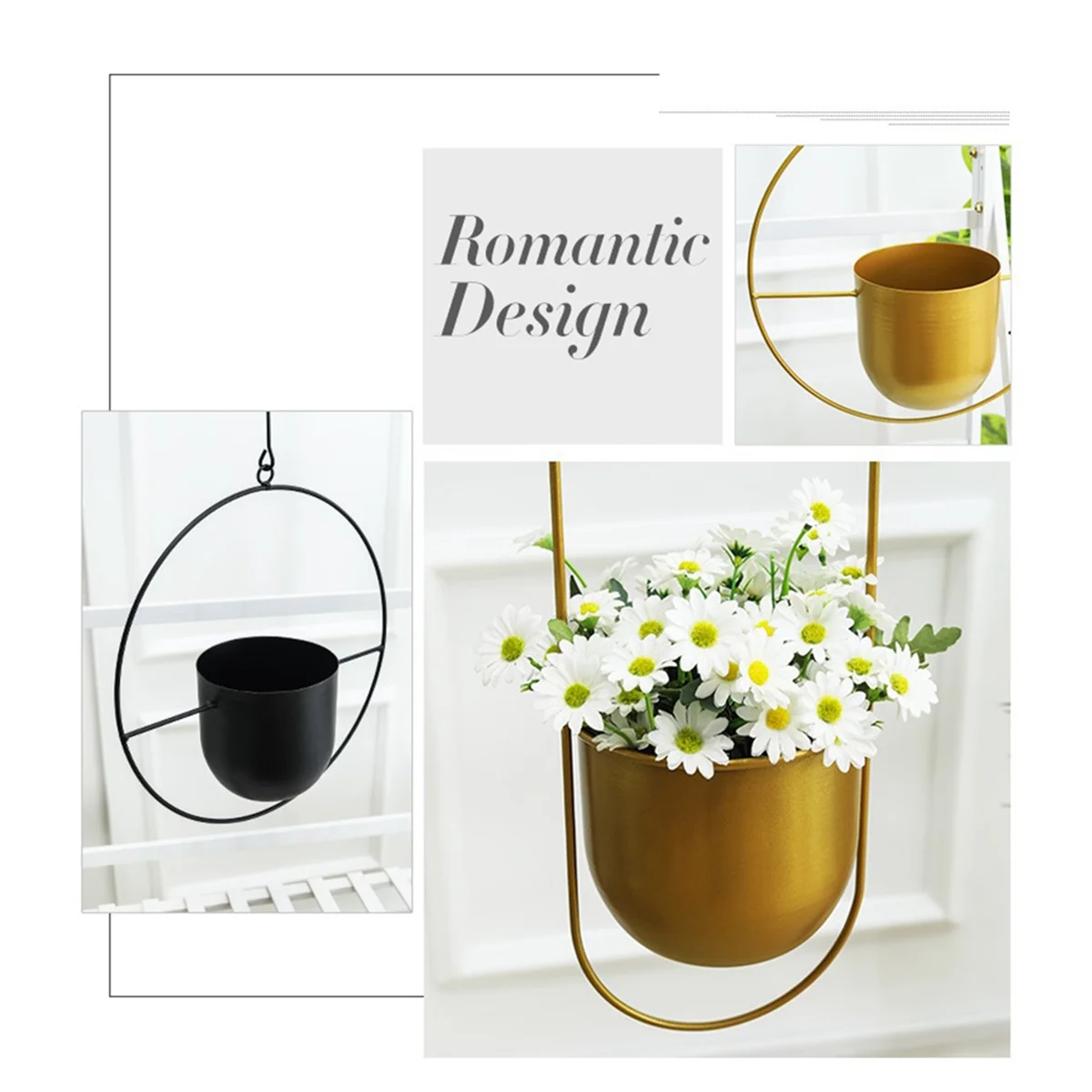 Hanging Planter Pot Baskets Minimalist Plant Pot Container Metal Hanging Flower Pots for Indoor Outdoor Garden Gold-A