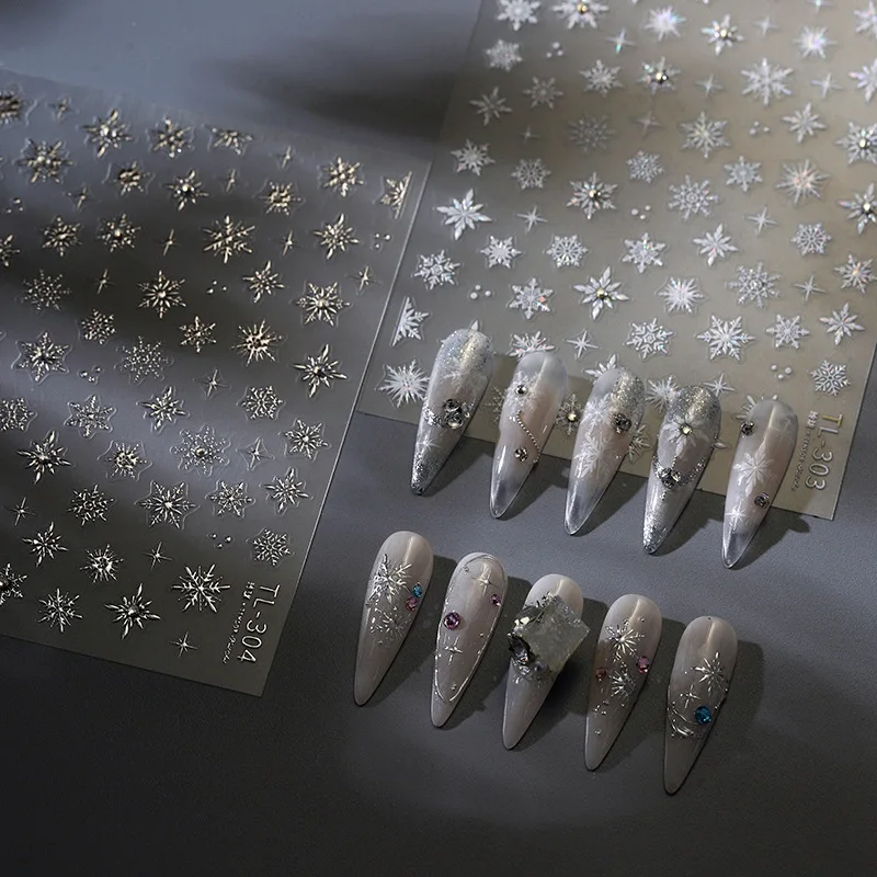 Silver White Snowflake Rhinestone Star Love Heart Lace Winter Chic Snow Shiny Chic Delicate 5D Nail Art Stickers Manicure Decals