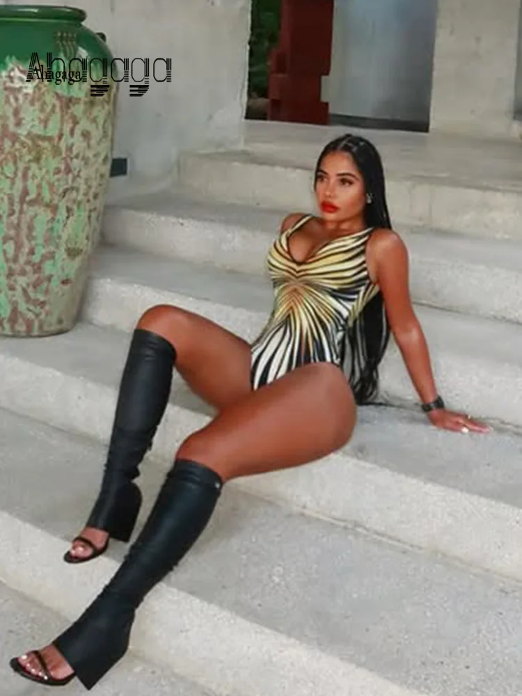 

Ahagaga Sexy Club Women Bodysuit Deep V-Neck Print Skinny Backless Tank Tops Regular Streetwear Sleeveless Female T Shirt Slim