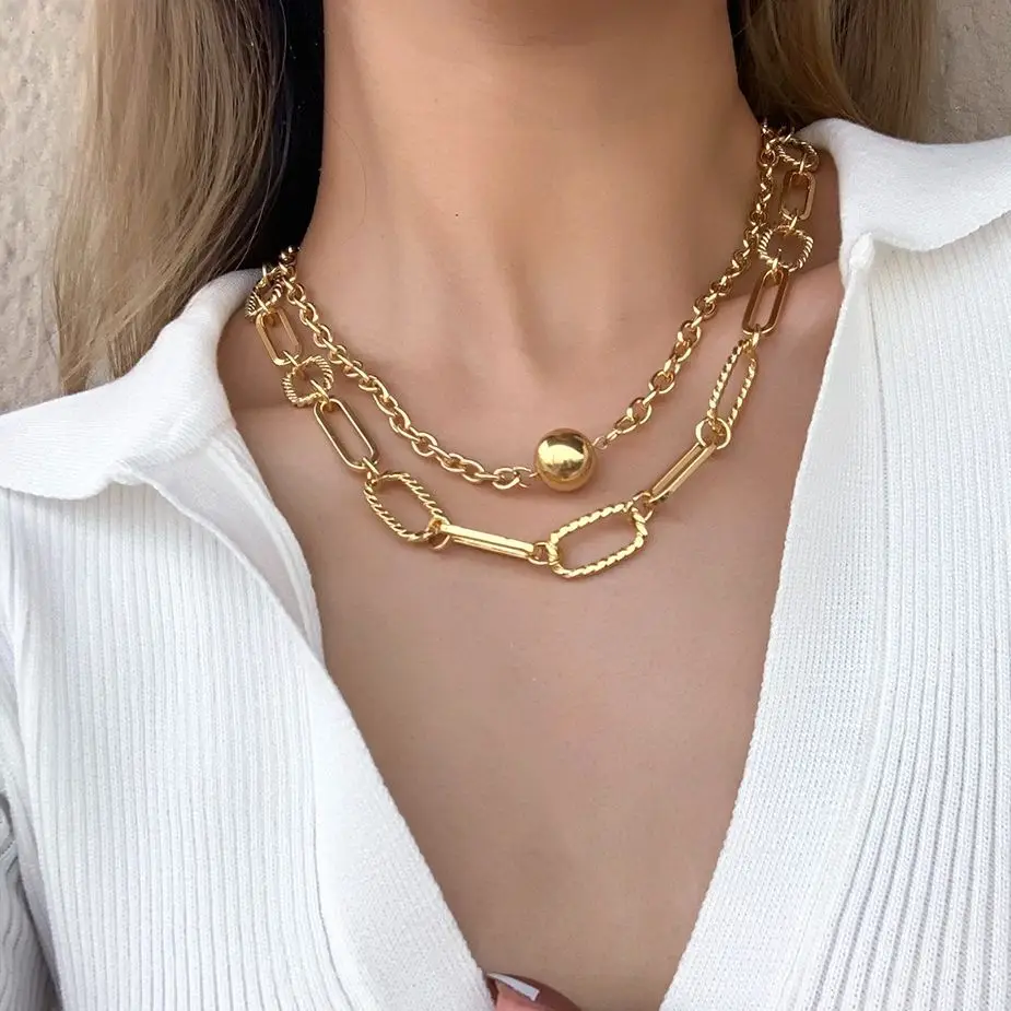 Flashbuy Gold Color Chain Necklaces Vintage Multilayer Alloy Chain Ball Pendant Choker Necklace for Women Jewelry Gift