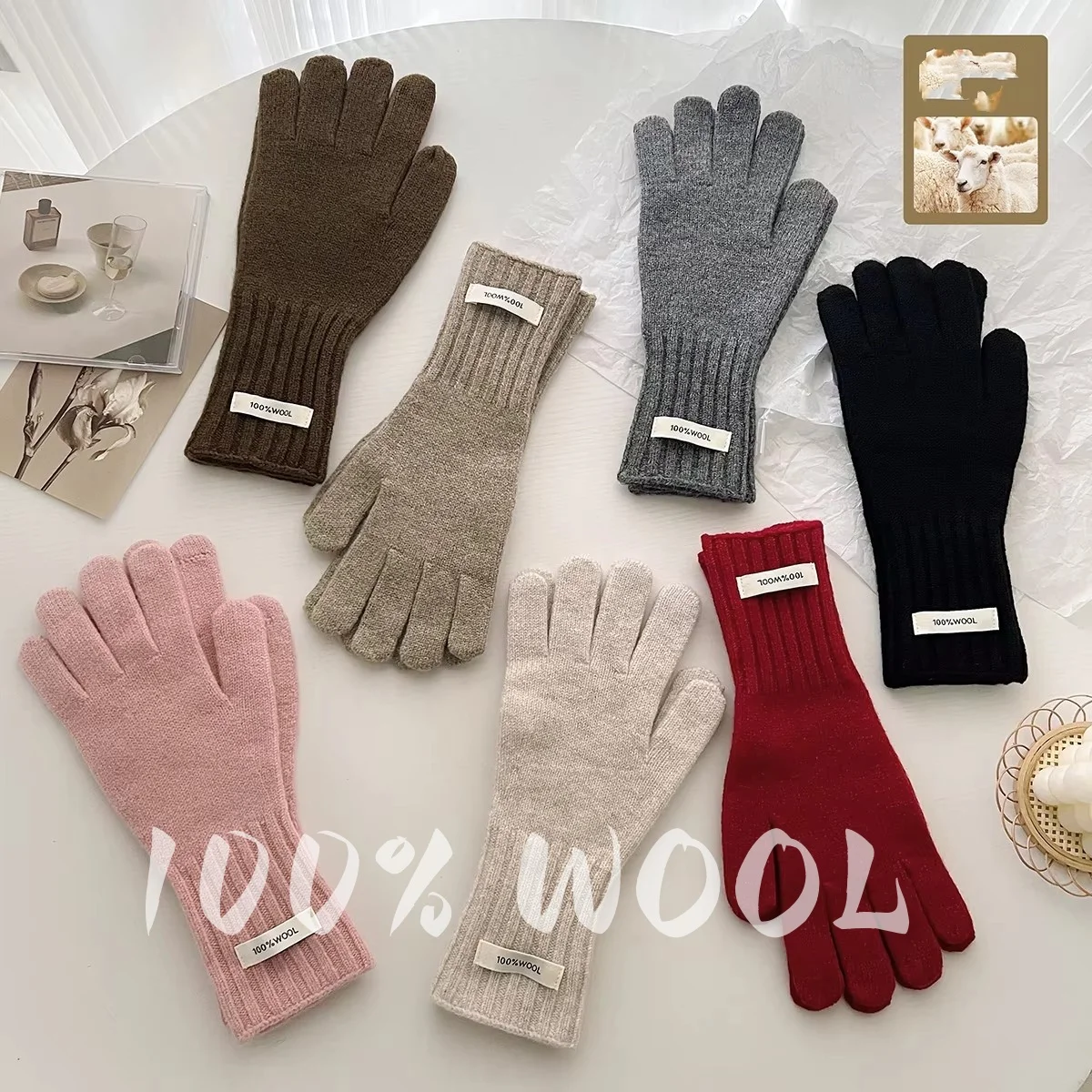 New 100% Wool Gloves Lady Touchscreen Finger Hole Winter Autumn Women Warm Wrist Length Classic Knitted Gloves Female Mitten