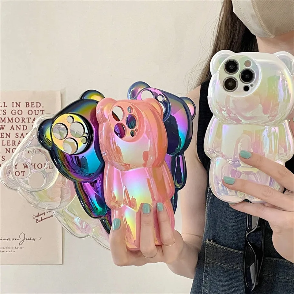 Stylish laser luxury cute 3D Bear shockproof phone case for iPhone 11 14 12 13 14 Pro Max Soft silicone anti-drop bumper cover