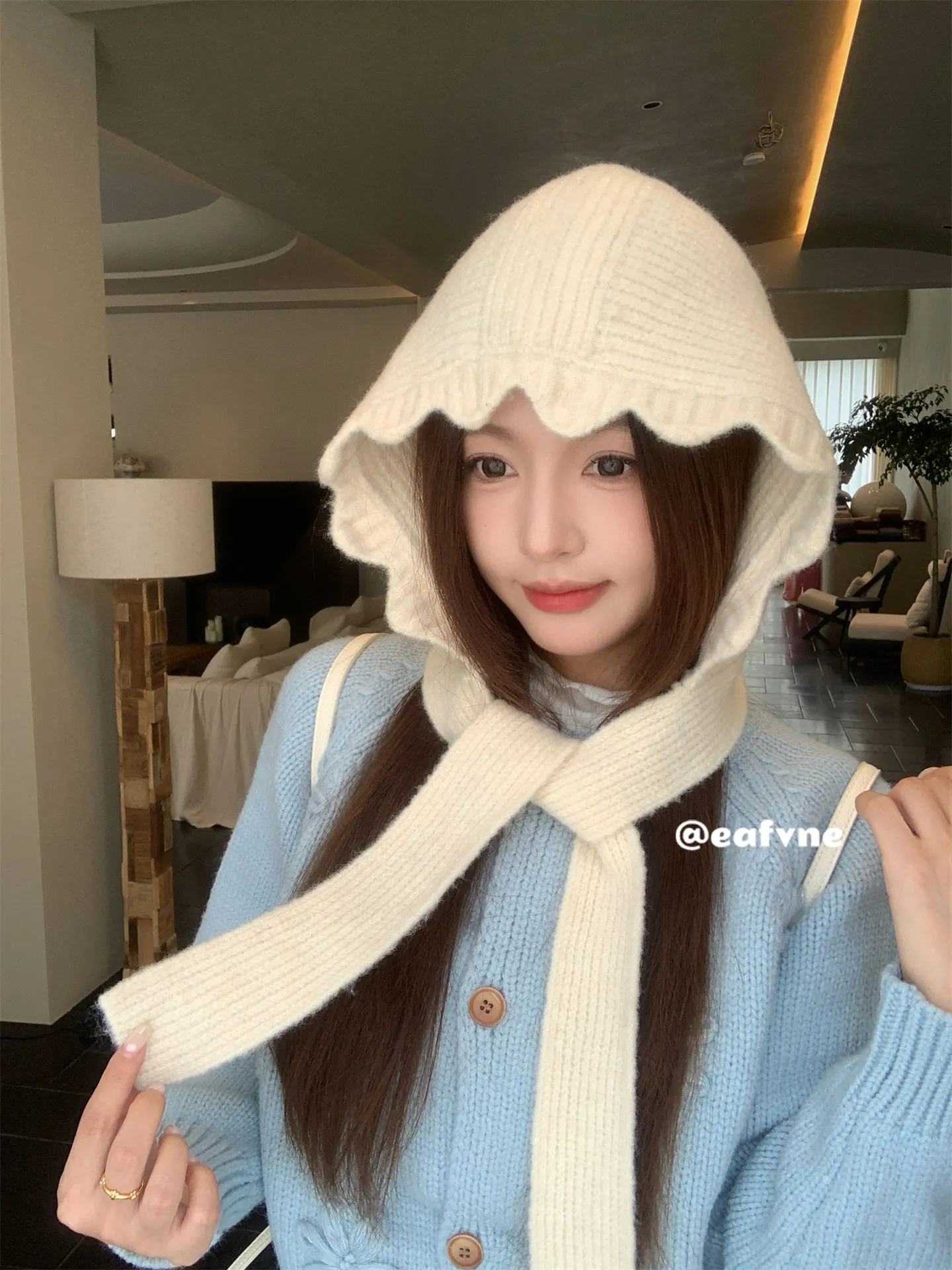 Soft Creamy Fairytale Balaclava Hat Wool Content Lace Trim Knitted Bomber Hat Warm Beanie Integrated Neck Warmer Women Winter