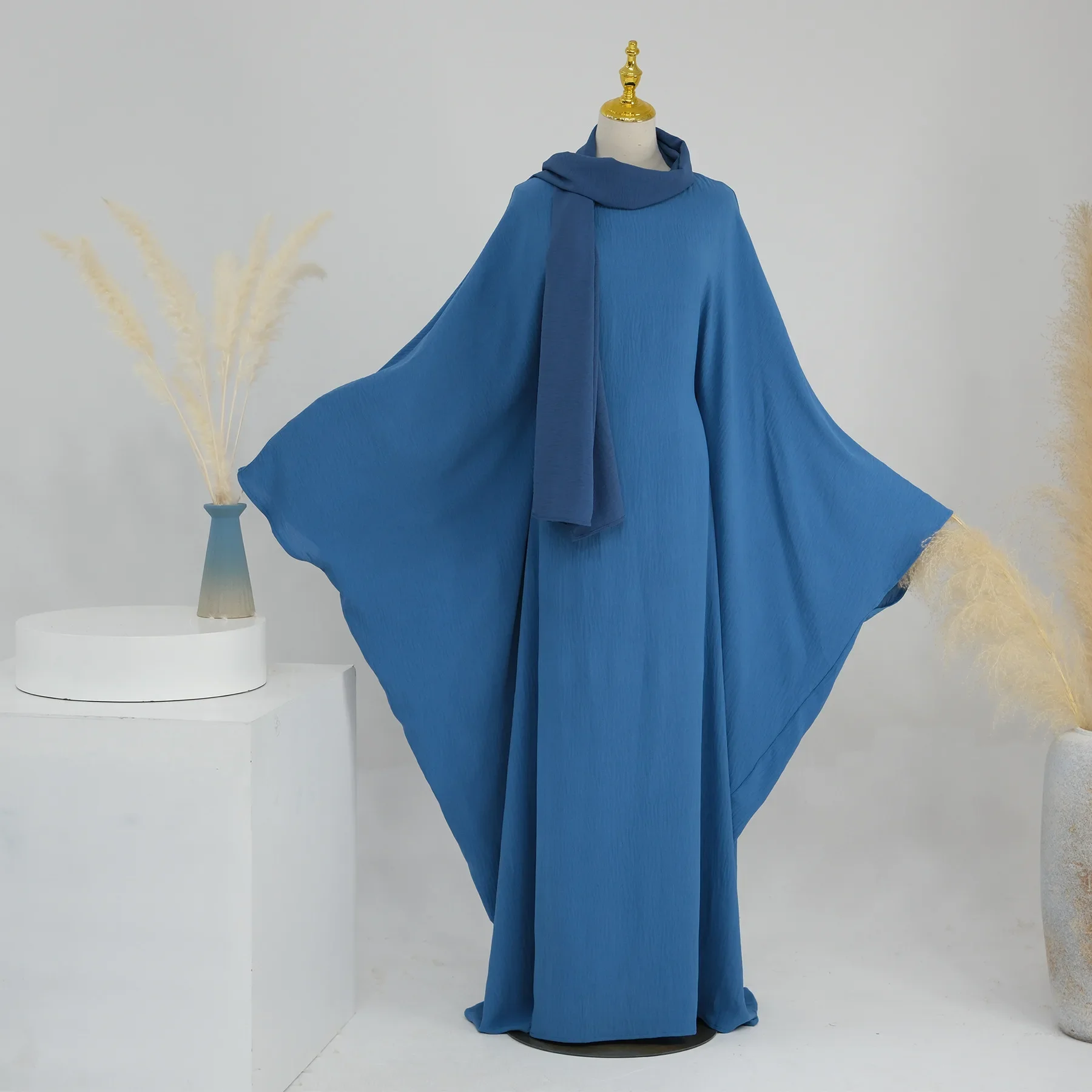 

2 Pcs Muslim Sets Ramadan Eid Soft Crepe Khimar Batwing Abaya+scarf Suit Dubai Islam Muslim Modest African Dresses Set Female