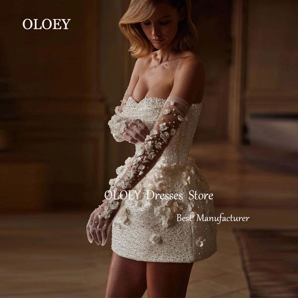 

OLOEY Luxury 2025 Ivory Short Wedding Dress Beads Pearls Lace With Gloves Bridal Gown 3d Flowers Zipper Back Sweetheart Custom