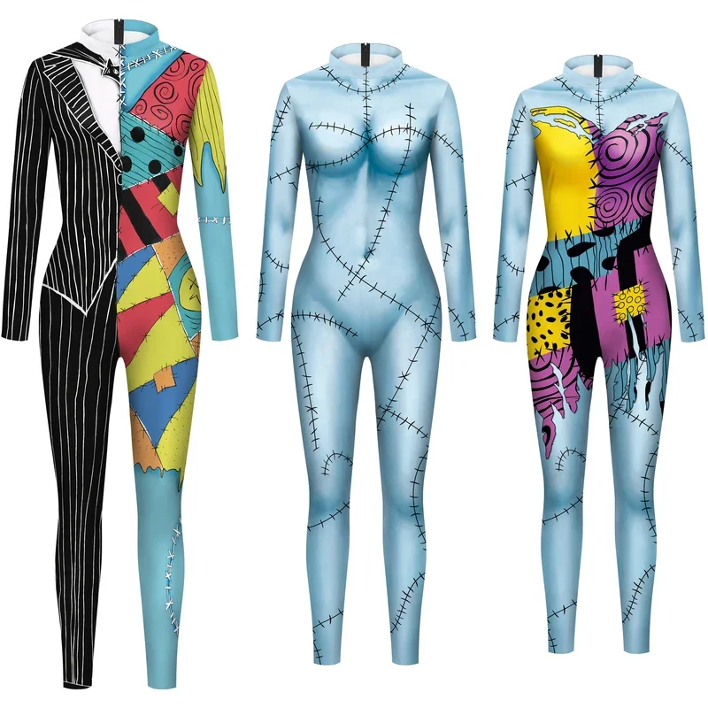 Halloween Adult Carnival Costume For Women Sally Printed Slim Jumpsuit Catsuit Long Sleeve Zenti Party Bodysuit  Rompers