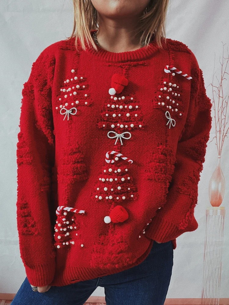 

Новый осенне-зимний рождественский свитер с вышивкой жемчугом для женщин, свободный повседневный универсальный уличный пуловер с круглым вырезом и длинными рукавами