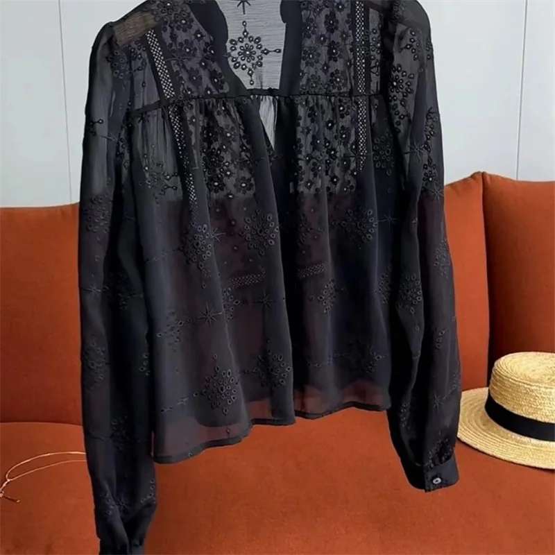 The Drape Is Slightly Sexy And The Black Hollow V-Neck Sweet With Long Sleeves Spring And Summer Shirts And Women's Dresses view 3