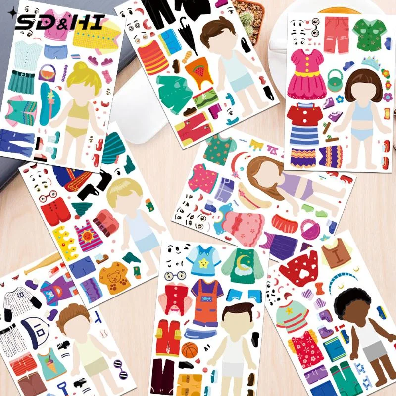 8Pcs Cute Dress Up Puzzle Stickers Cartoon Creative Fun Handbook Character Jigsaw Education Stickers Toys Decoration Sticker
