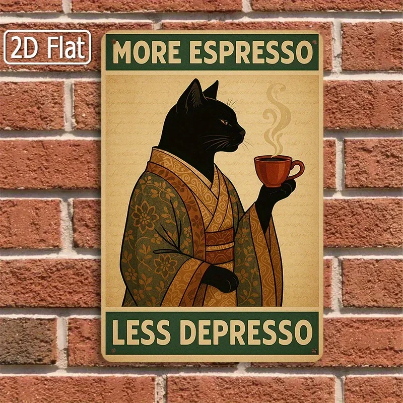 [1pc Sign] Plaque en métal pour café, motif chat noir, « Plus d'expresso, moins de dépresso », enseigne amusante pour café, décoration moderne pour café, décoration murale