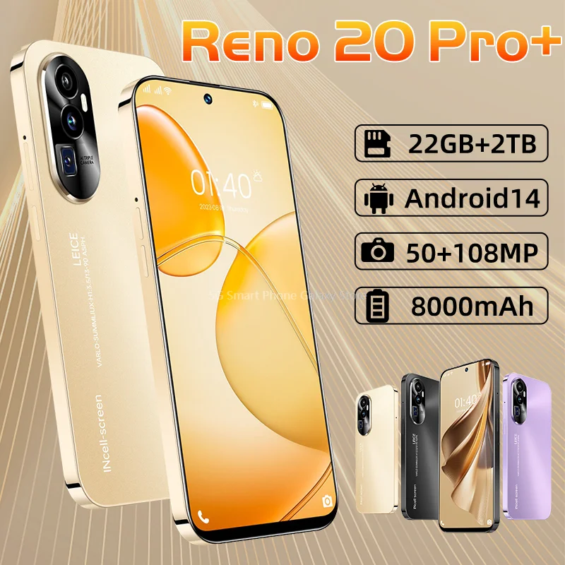 Android 14 Reno 20 pro+ 22GB+2TB Qualcomm 8gen2 5G smartphone Global Edition 10 core 8000mAh 50+108MP mobile phone Android phone