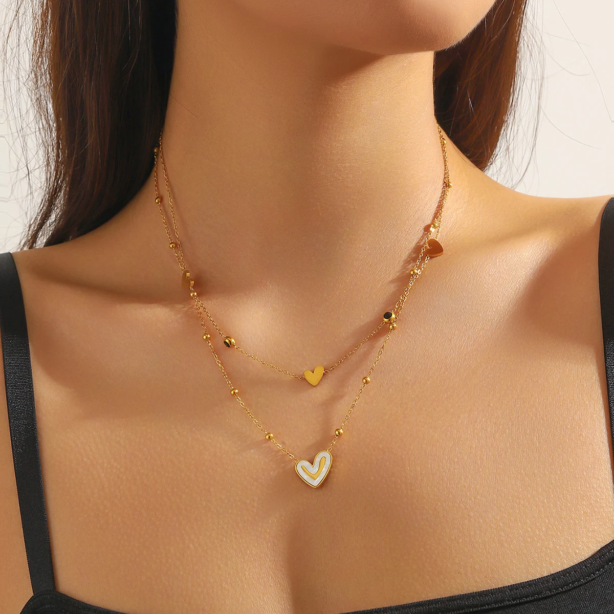 DIEYURO 316L Stainless Steel White Shell Heart Zircon Double-layer Necklace For Womens Girl New Fashion Neck Chain Jewelry Gift