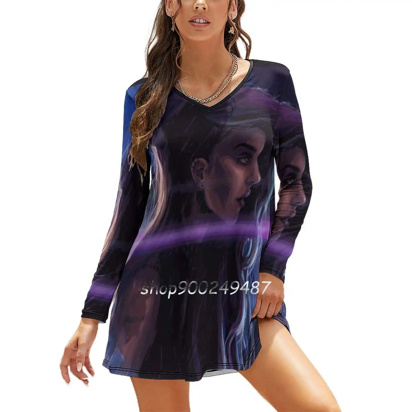 Cybergirl Women Casual High Waist Mini Dress Long Sleeve Dress Autumn New Fashion Dress Cyber Girl Tech Futuristic City Lights