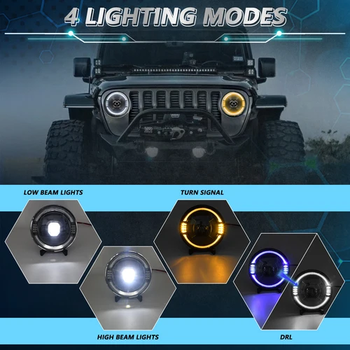 Imagen 2 del producto Faro Jeep de alta potencia de 7 pulgadas, 250W, 30000LM, LED, redondo, azul, DRL, para Wrangler, Harley, Hummer, SUV, H4, 6000K, 32V