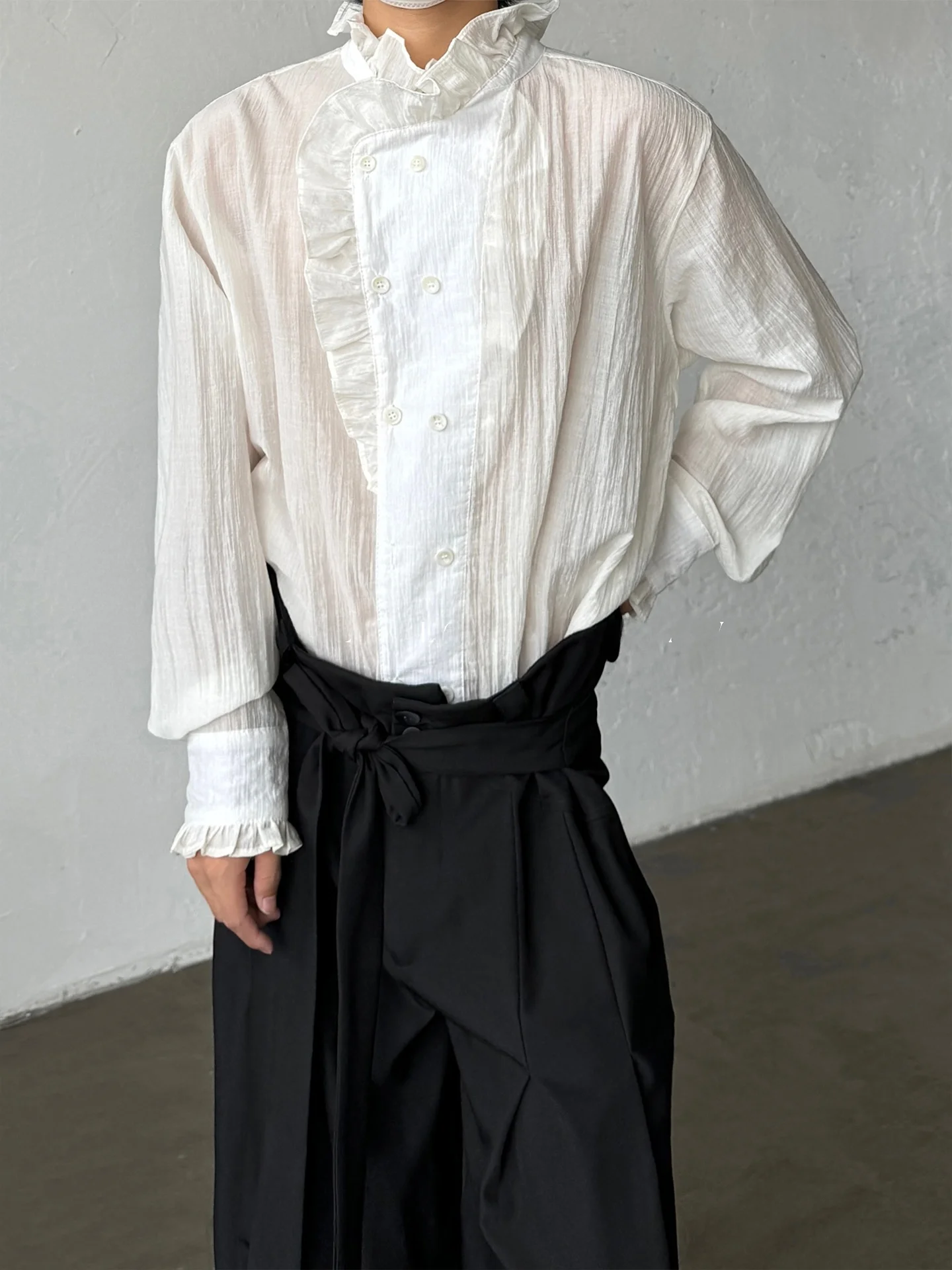 Retro Court Style Long Sleeve Shirt with Earlet Lace Collar Unisex Neutral Style Breathable Sunscreen Lightweight Regular Fit