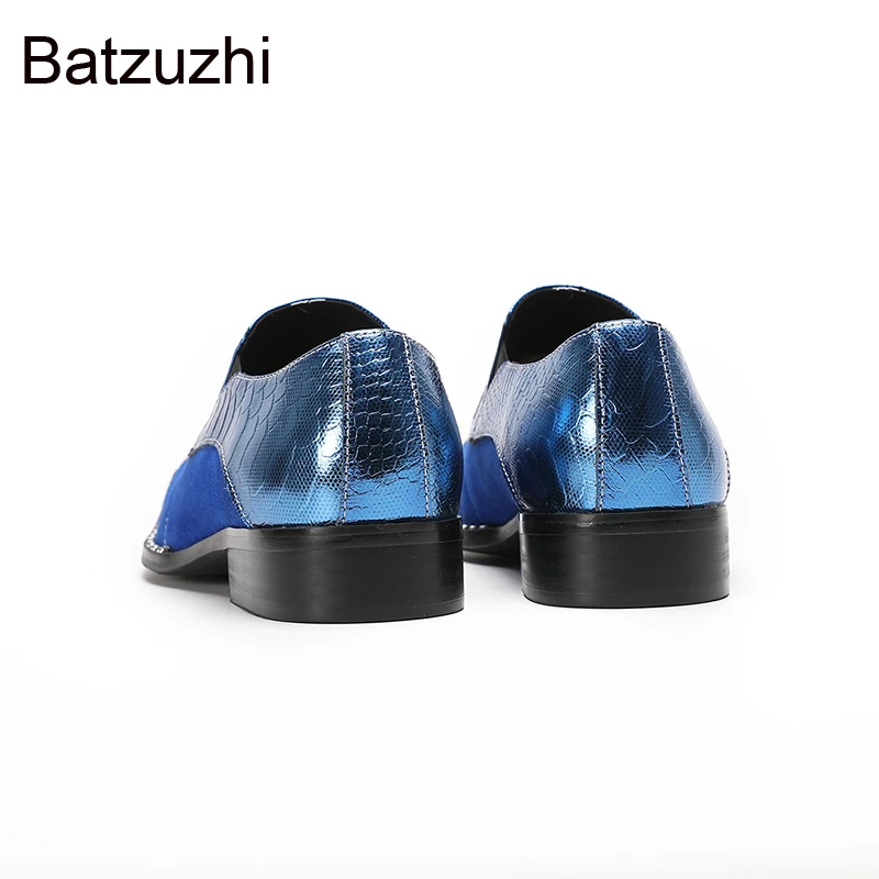 Batzuzhi حذاء رجالي جلدي أزرق معدني بمقدمة مربعة سهل الارتداء من الجلد الرسمي للأعمال والحفلات والزفاف للرجال