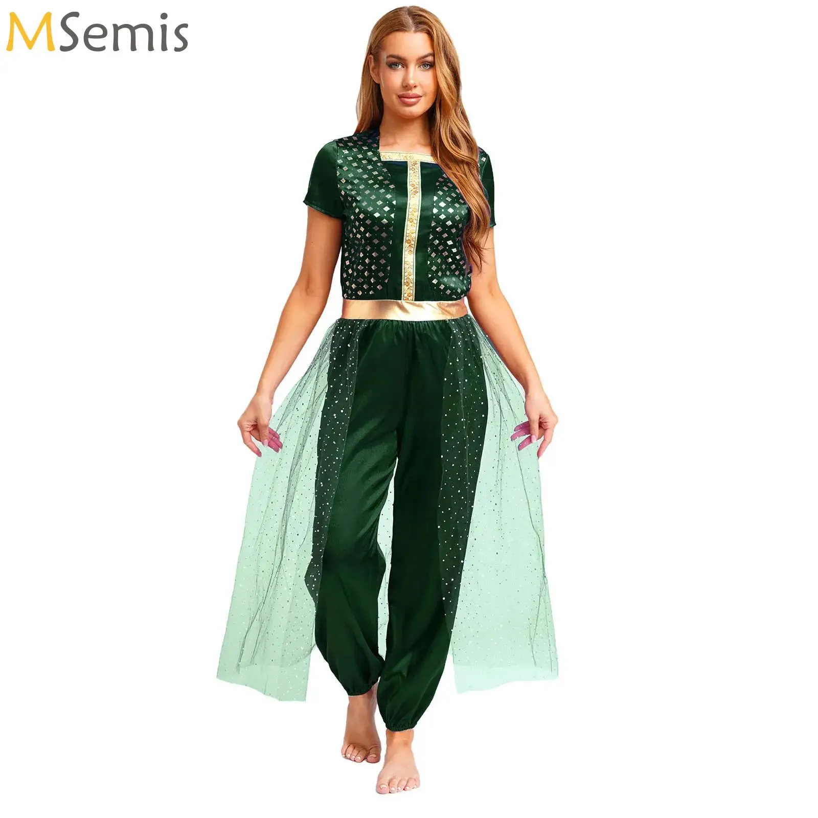 

Womens Halloween Arabian Princess Cosplay Lamp Costume Shiny Metallic Long Pants Jumpsuit for Belly Dance Stage Performance