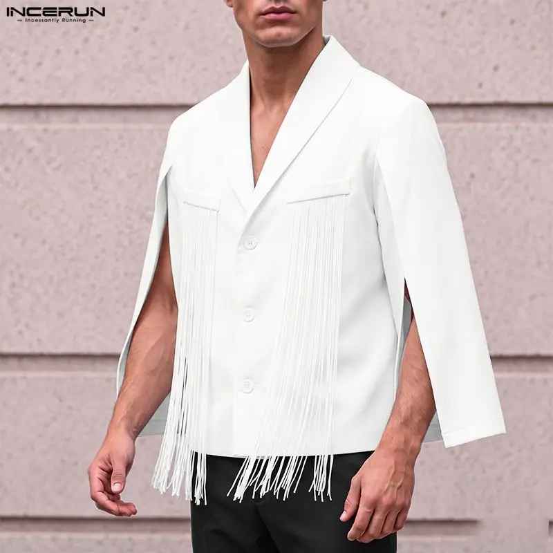 INCERUN Men Blazer Tassel Patchwork Lapel Split Long Sleeve Button Casual Male Suit Streetwear 2026 Fashion Cloak Blazer For Man