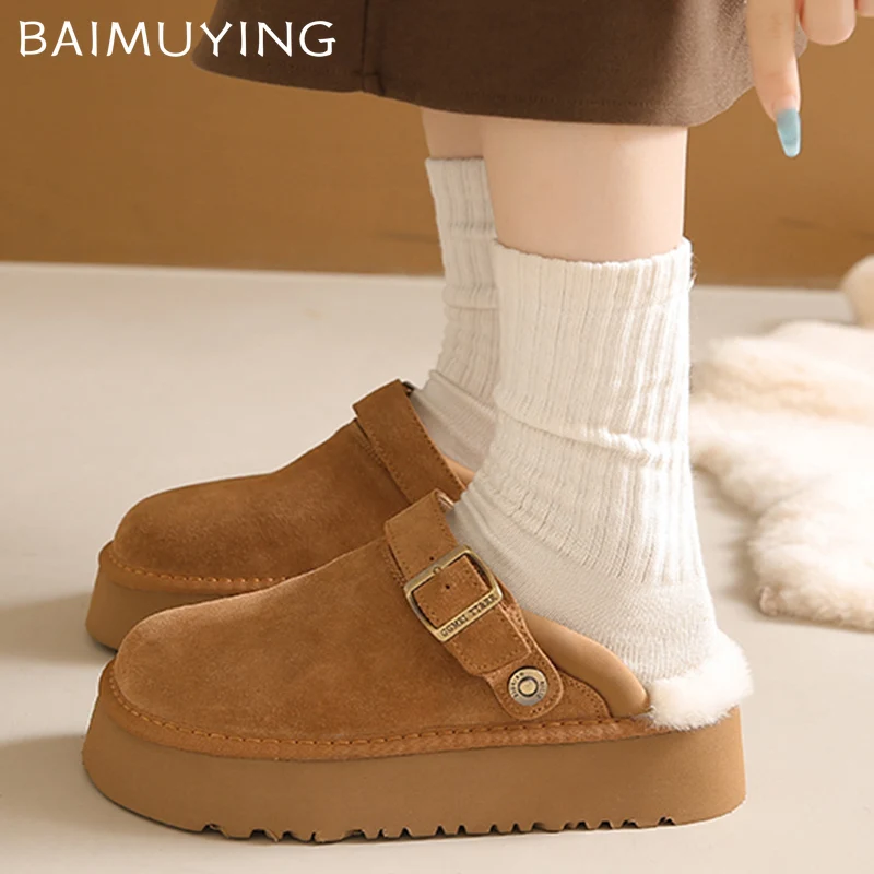 Suede Women Flats Mules Shoes Short Plush Platform Cotton Slippers Designer Snow Boots Winter 2024 Trend Warm Home Mujer Zapatos