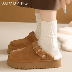 Suede Women Flats Mules Shoes Short Plush Platform Cotton Slippers Designer Snow Boots Winter 2024 Trend Warm Home Mujer Zapatos