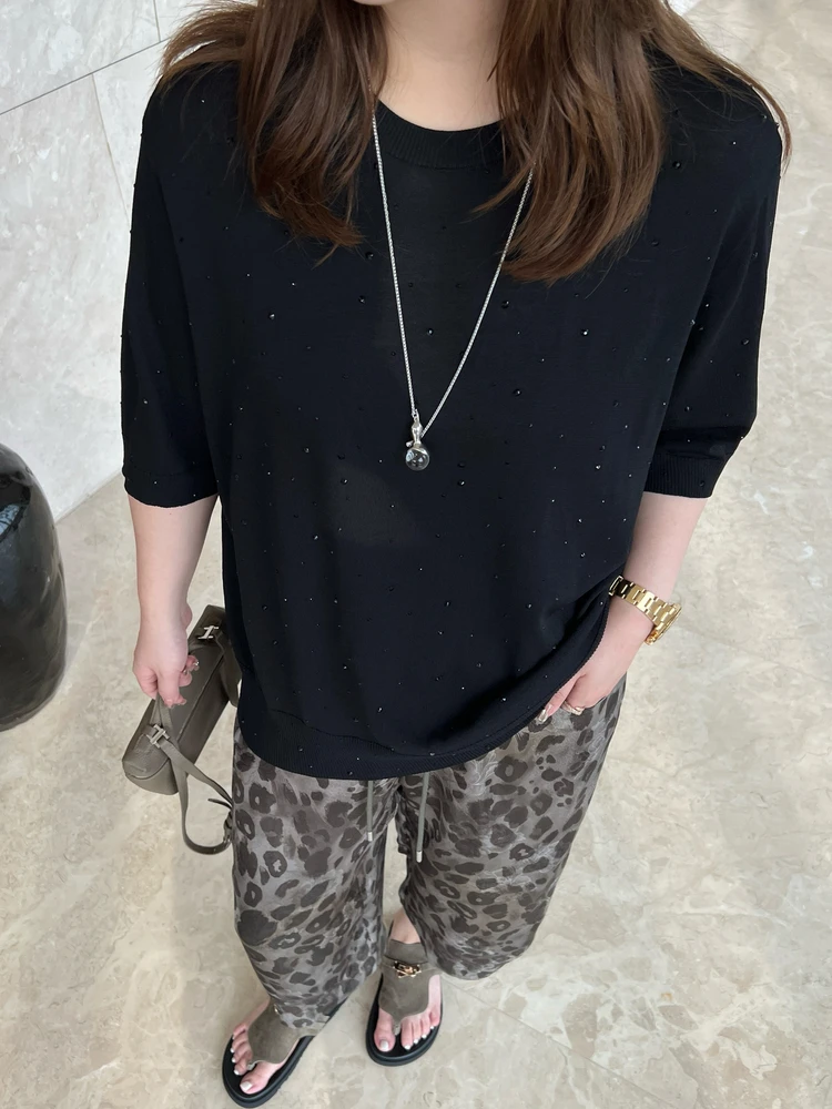 Heavy Embellied round Ne ort Sve Ice Linen Knitted T-irt for Women Casual Sle Body pe Summer Faion