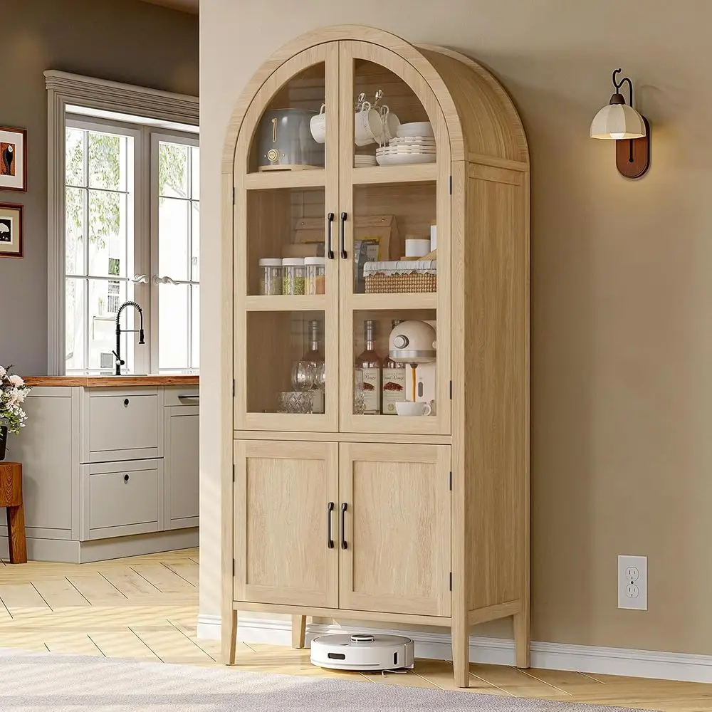 

5-Tier Arched Glass Door Kitchen Pantry Cabinet with Adjustable Shelves for Storage in Living & Dining Rooms